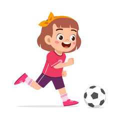 Happy Little Girl Running to Kick a Soccer Ball, Cartoon Style Illustration with Cheerful Mood