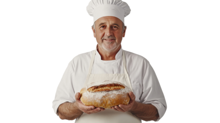 Senior male baker smiling in uniform holding fresh bread, isolated on transparent background. PNG