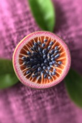 Closeup of a Pink and Purple Flower Cross Section with Blue Seeds