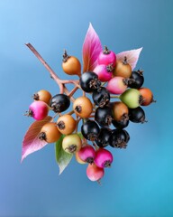 Closeup of Colorful Berries on Branch Against Blue Background