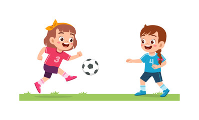 Two Cute Young Children Playing Soccer Together on Grass Field with Happy Expression in Cartoon Style © Colorfuel Studio