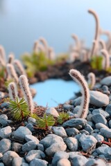 Closeup of Whitish Plants Growing Among Gray Stones Near a Small Pool of Blue Water