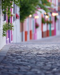Cobblestone Street with Colorful Buildings at Dusk