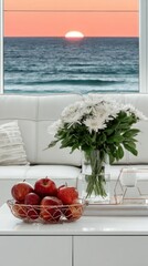 Coastal Living Room Sunset View with White Decor