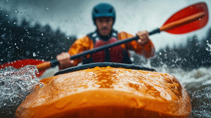 Intense Kayaking Adventure on Raging Rapids with Splashing Water and Orange Kayak