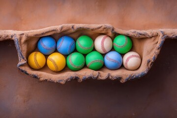 Collection of Colorful Worn Baseballs in Dusty Brown Container