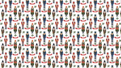 Seamless pattern of nutcrackers with holly leaves and christmas banners on a white background
