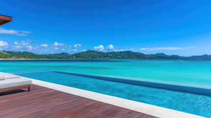 Stunning Tropical Landscape with Infinity Pool and Clear Blue Ocean Under Bright Sky