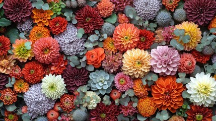 Vibrant floral arrangement.  A close-up view of a multitude of flowers, including dahlias, roses, and succulents, in various shades of orange, red, purple, pink, and white, arranged densely. 