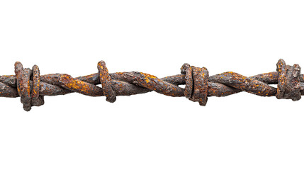 Close-up of old rusty barbed wire and chain link fence, showing off the strength of the metal on a transparent background. PNG
