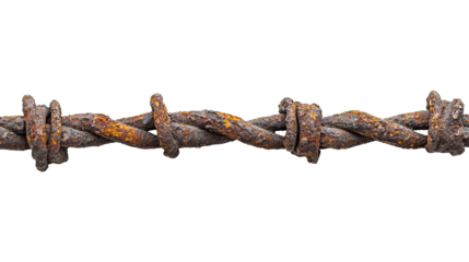Close-up of old rusty barbed wire and chain link fence, showing off the strength of the metal on a transparent background. PNG