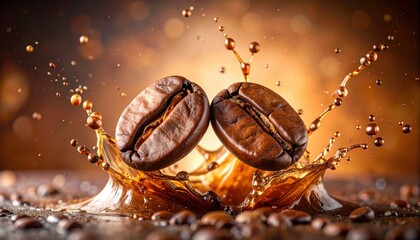 Stunning Close-Up of Roasted Coffee Beans Splashing in Liquid with Beautiful Backdrop of Warm Tones and Bokeh Effect