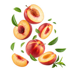 A collection of fresh, ripe peaches isolated on white