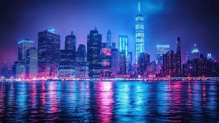 Vibrant neon cityscape reflecting on still water