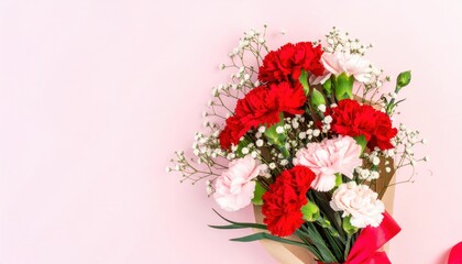 Beautiful bouquet of red and pink carnations with delicate baby&rsquo;s breath on soft pink background ideal for celebrations and expressions of love