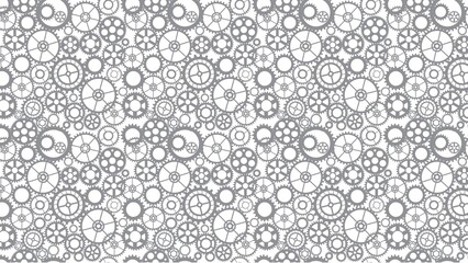 A repetitive pattern of gray gears and cogs on a white background creating a mechanical design look