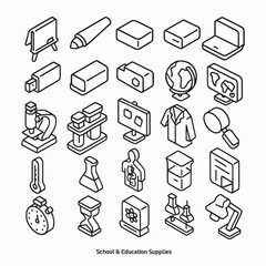 Back to School Isometric Line Icons – Science, Classroom & Study Supplies Set