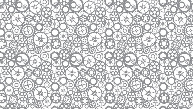 A repetitive pattern of gray gears and cogs on a white background creating a mechanical design look