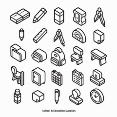 Back to School Isometric Line Icons – Stationery, Classroom & Learning Supplies
