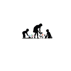 Silhouette of a family planting flowers in a garden on white background