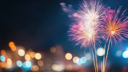 Fireworks over a city at night.  Blurred city lights in background