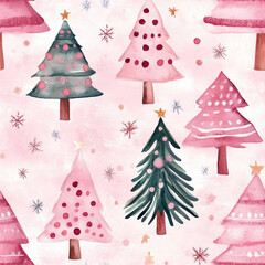 Pretty Pink and Green Watercolor Christmas Trees Seamless Pattern