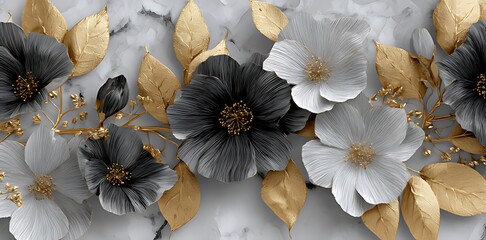 Elegant Dark Gray and Gold Floral Design for Wall Decor. A captivating floral arrangement featuring large, dark gray flowers with intricate, textured petals, complemented by delicate, gold-toned leave