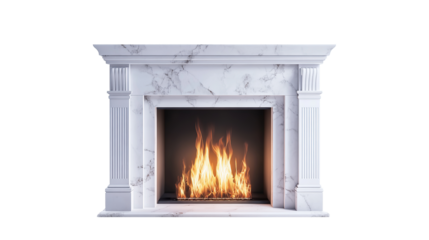 Elegant classic fireplace with luxurious white marble isolated on transparent background. PNG