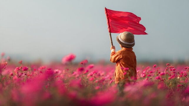 Happy child waving national flag in a flower field for celebration scene