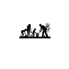Silhouette of a family working together in a garden on white background
