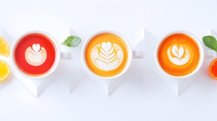 Colorful latte art soup trio, white background, citrus garnish, food blog