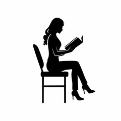 Black silhouette vector of a person sitting on a chair and reading, minimal clean outline, no facial features, calm pose, knowledge, study, leisure
