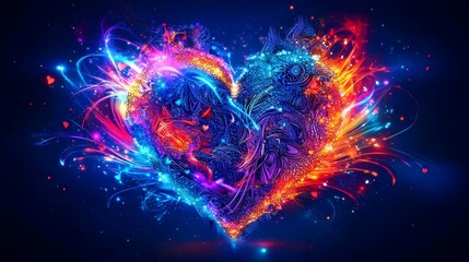 Fiery heart fractal art, cosmic background, love concept