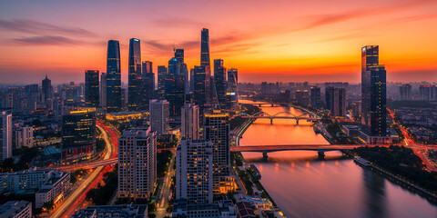 Fototapeta premium Aerial view of a modern city skyline at sunset with illuminated skyscrapers reflecting on a river, urban landscape at twilight, vibrant cityscape concept