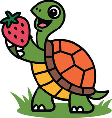 Smiling Turtle with Strawberry Vector Illustration