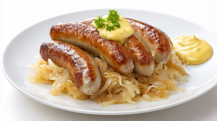 Fototapeta premium German bratwurst with sauerkraut and mustard