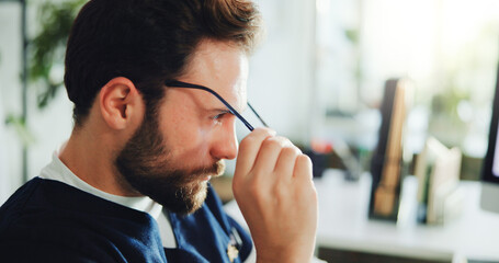 Tired, nurse and man with glasses, hospital or unhappy with pressure, administration and eye...