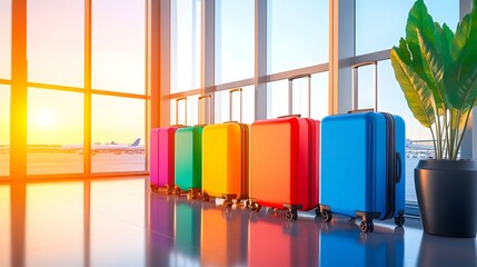Colorful luggage awaits sunset flight at airport