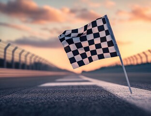 A checkered flag waving in the wind on an empty race track at sunset, symbolizing victory and success in motor racing or other sports events.