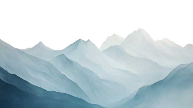 Misty morning mountain scenery with snow-capped peaks, offering a serene winter scene on a transparent background. PNG