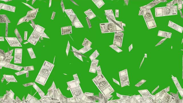 Indian rupee currency falling from the top, animated money rain with green screen background, perfect for financial, economic, or business-themed videos.