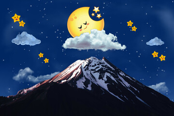 A beautiful mountain landscape at night with a smiling moon, fluffy clouds, and cute stars in the sky. Perfect for creating a dreamy and cheerful atmosphere.