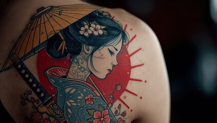 Japanese Geisha Tattoo on Shoulder, traditional art and body art design
