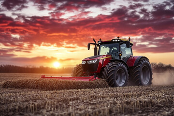 Fototapeta premium Modern red tractor harvesting field during vibrant sunset on farmland with dramatic sky and dust trail