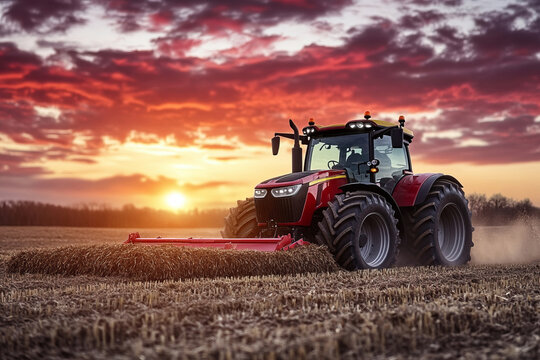 Modern red tractor harvesting field during vibrant sunset on farmland with dramatic sky and dust trail