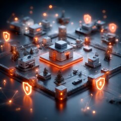 A secure, futuristic cybersecurity hub radiating warm shields and blockchain-enabled access controls, showcasing enhanced protection and fraud detection.