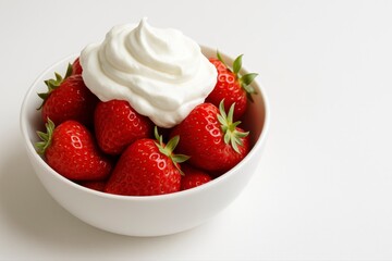 A white bowl filled with strawberries and a swirl of whipped cream on top