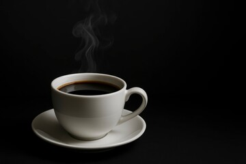 Obraz premium A white cup of steaming black coffee on a saucer against black backdrop