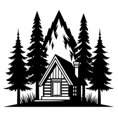Fototapeta premium cabin in woods silhouette vector black on white background