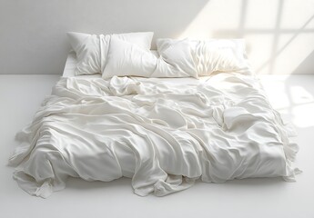 Neatly Made Bed with Crumpled White Bedding in Natural Light

